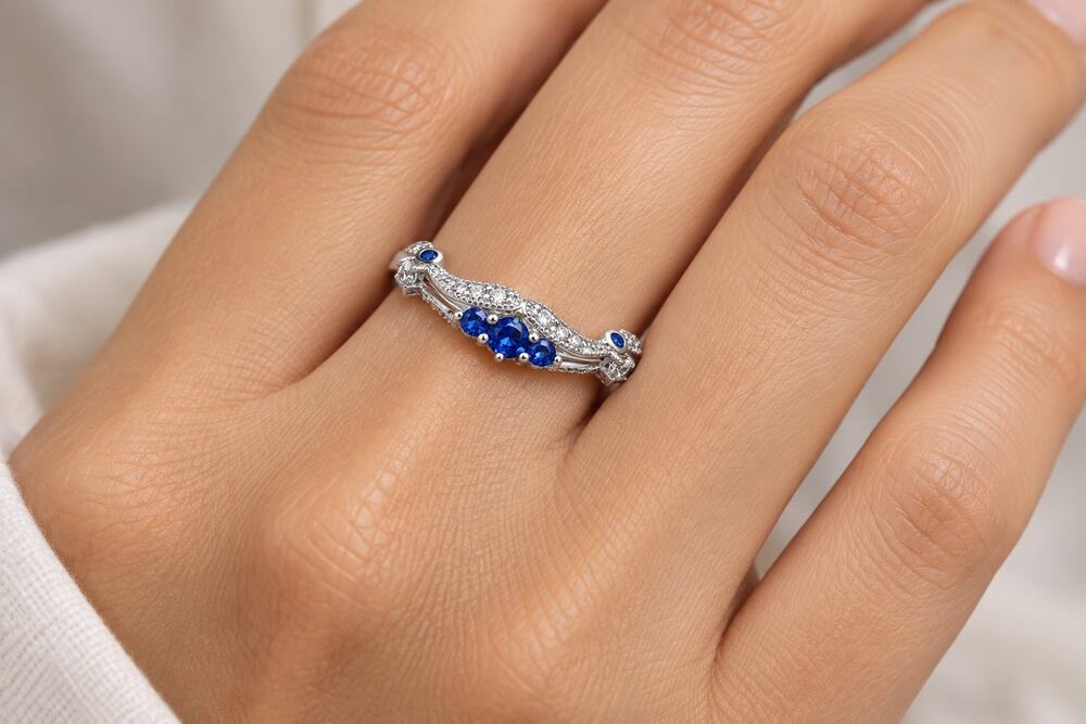 925 Silver Blue Sapphire and Cubic Zirconia Size 5